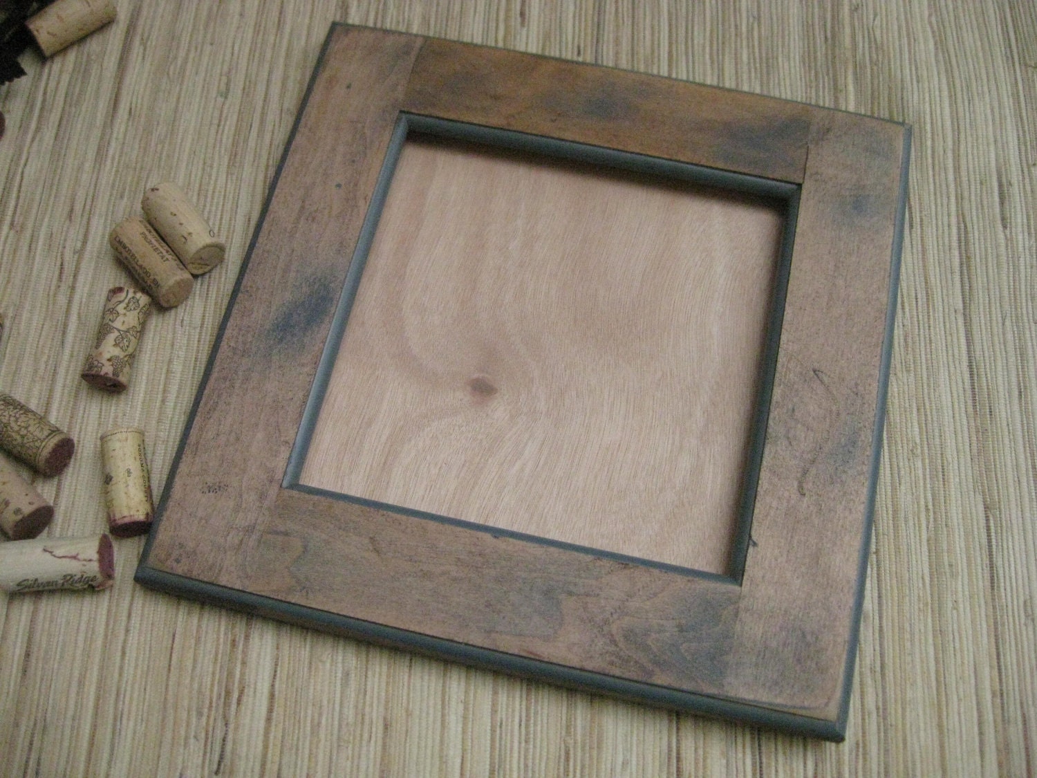 DIY Wine Cork Bulletin Board - made from reclaimed wood - Rustic Distressed Brown with Blue