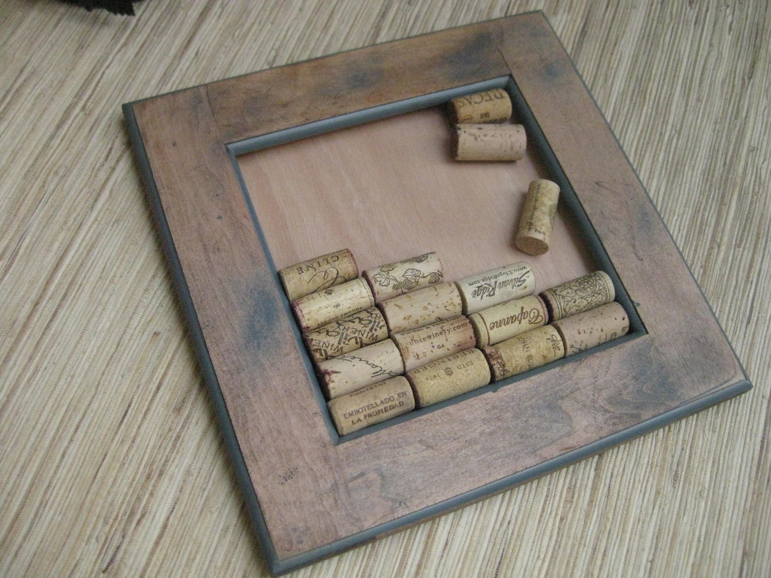 DIY Wine Cork Bulletin Board - made from reclaimed wood - Rustic Distressed Brown with Blue