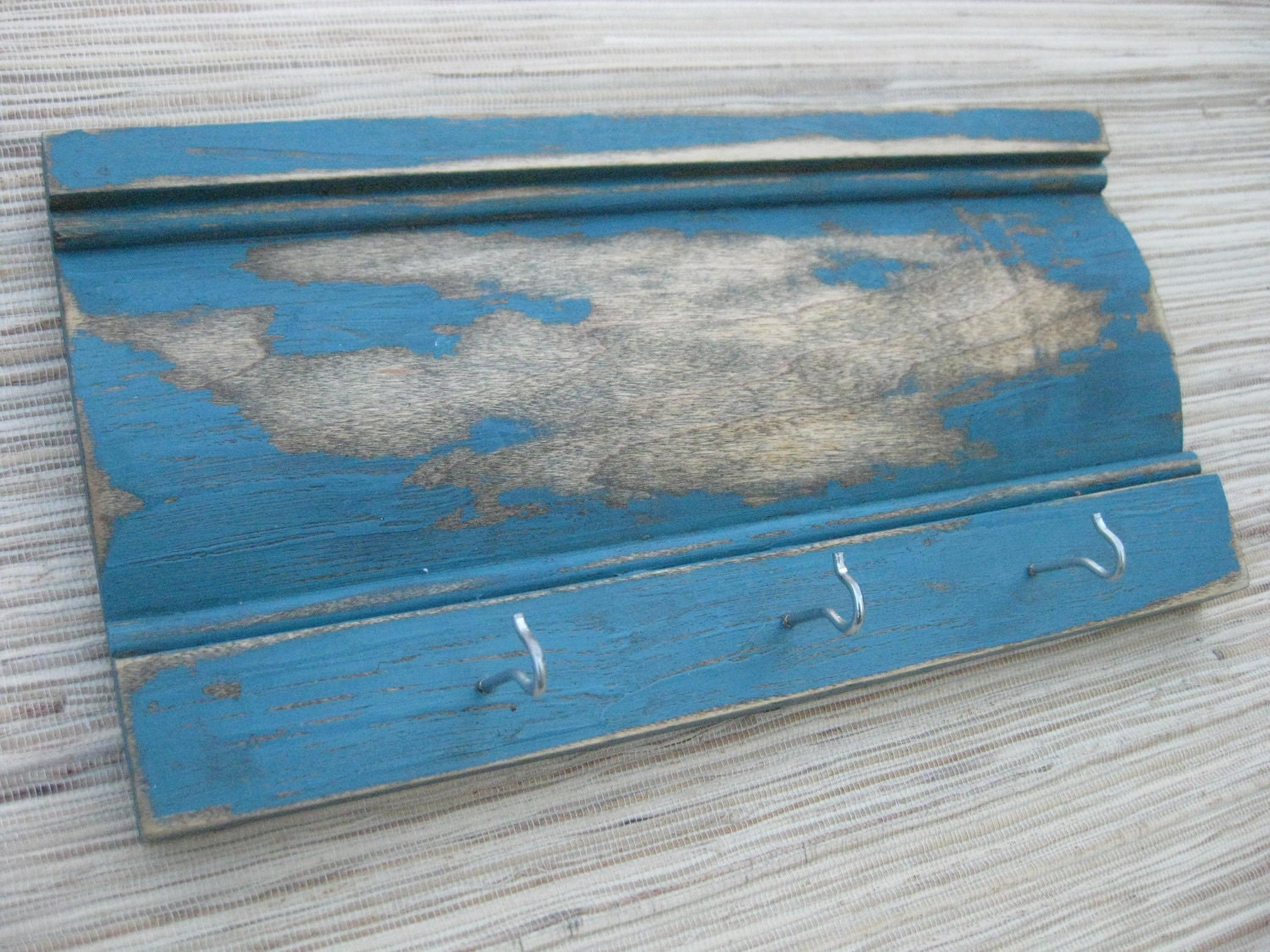 Distressed Wood Wall Hanger, Vintage Blue on Reclaimed Wood, Weathered Teal with hooks - team fest