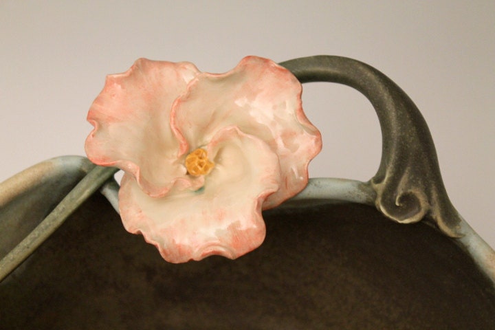 Pink Flower Art Nouveau Mossy Matte Green Pottery Bowl