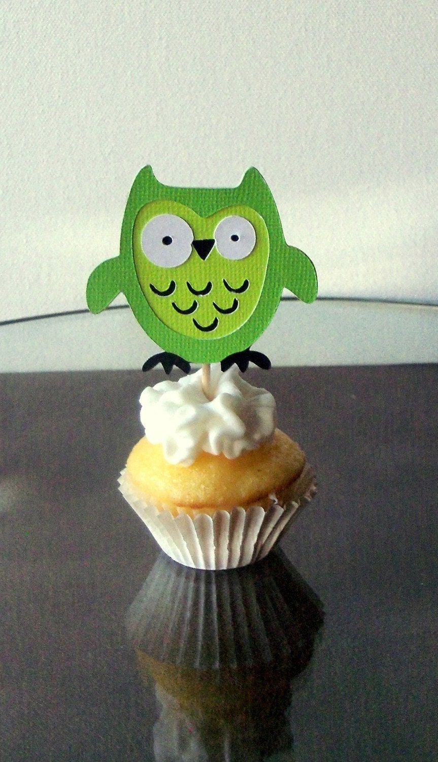 Lime Green Owl Cupcake Toppers - birthday party or baby shower - set of 12 - Owlee the Owl Collection