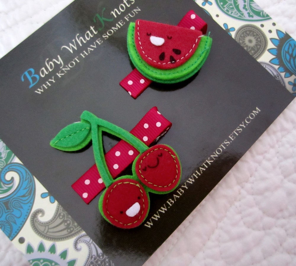 Cherry and Watermelon Hair Clip Set, Set of Fruit Hair Clippies, Girl Barrette, Red Hair Clippies