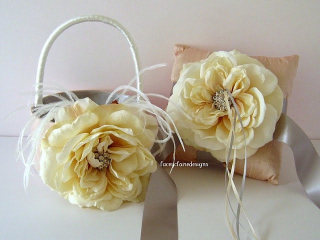 Flower Girl Basket and Wedding Ring Pillow  Ring Bearer Pillow Set - Custom Made