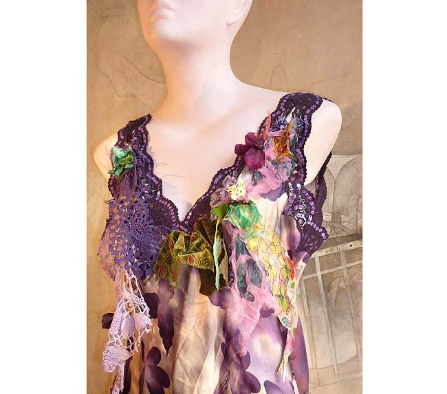 Reserved for Joan Lovely Unique Summer Evening Party SILK TOP Very Feminine Violet Green Lavender Croched Laces,