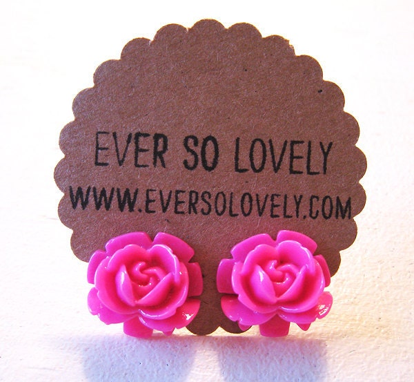 ON SALE - neon pink fuchsia rose post earrings - lovely summer wedding