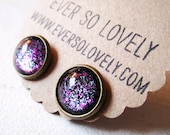summer nights and starry skies - handmade black dark purple sparkly metallic nickel free post earrings