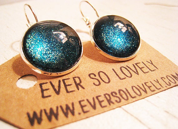 dark black blue green sparkly metallic nickel free silver dangle leverback earrings - summer nights and shooting stars