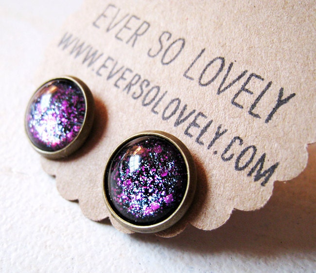 summer nights and starry skies - handmade black dark purple sparkly metallic nickel free post earrings