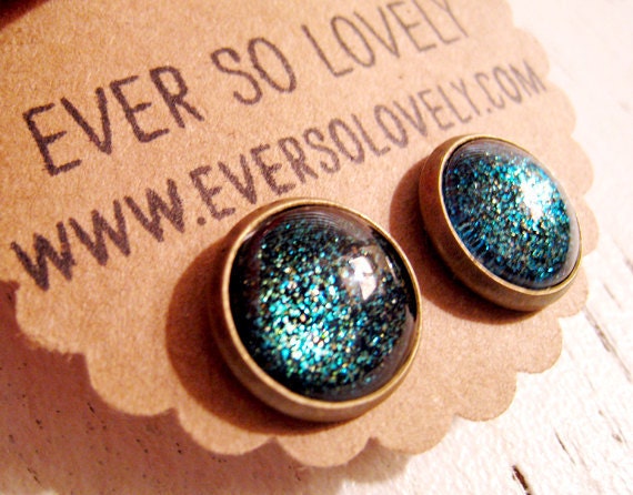 dark black blue green sparkly metallic nickel free post earrings - summer nights and shooting stars