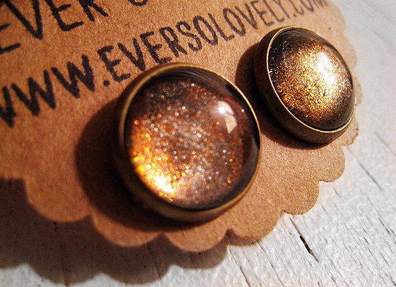 ON SALE - copper sandstorm earrings - brown and golden tan round sparkly metallic nickel free post