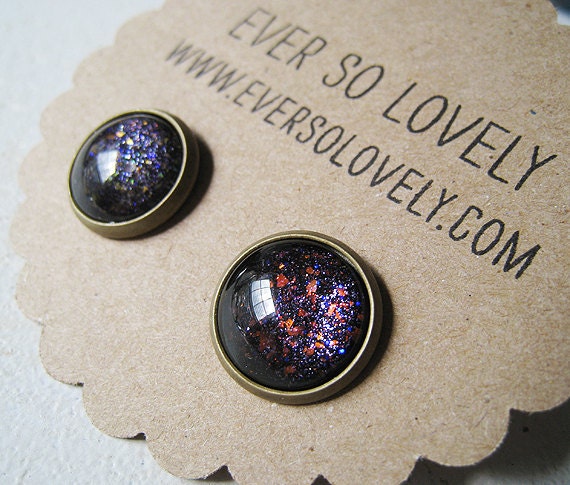 meteor shower - black and silver green and red starry night handmade sparkly metallic nickel free post earrings