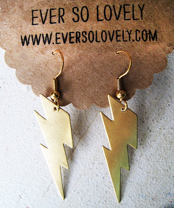 High Voltage Gold Earrings - Thunderbolt Lightning Long 14K Gold Dangle Earrings - Summer Storm Earrings