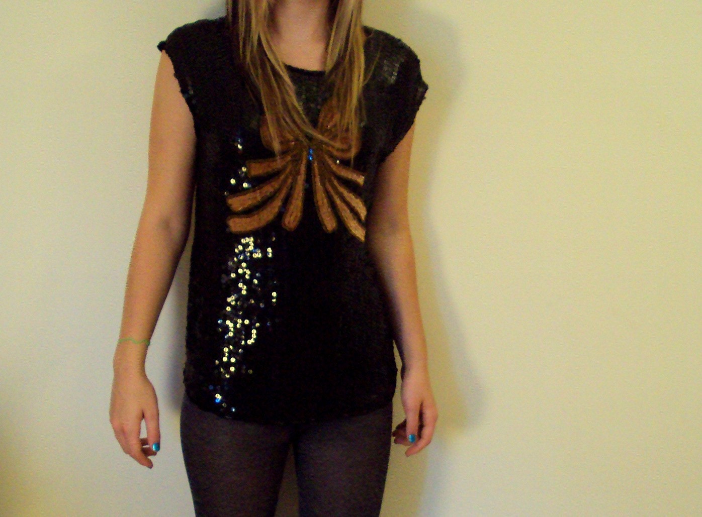 Black Seaquin Top with Gold Beaded Bow SIZE SMALL