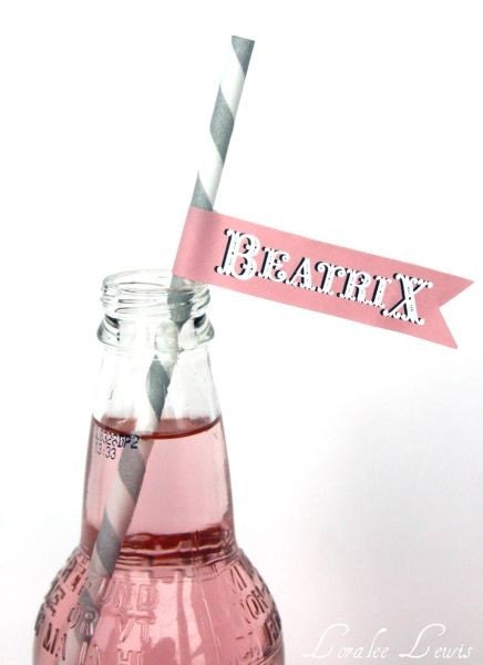 Drinking Straws With Custom Pennants . Come One Come All Collection (Pink) . by Loralee Lewis