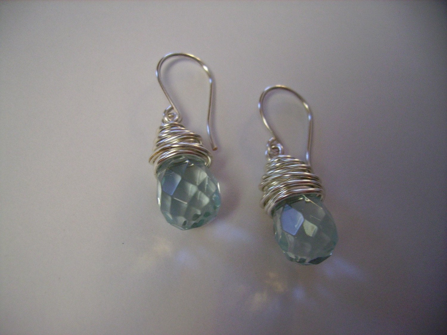 Aqua and Silver Wire Wrapped Earrings