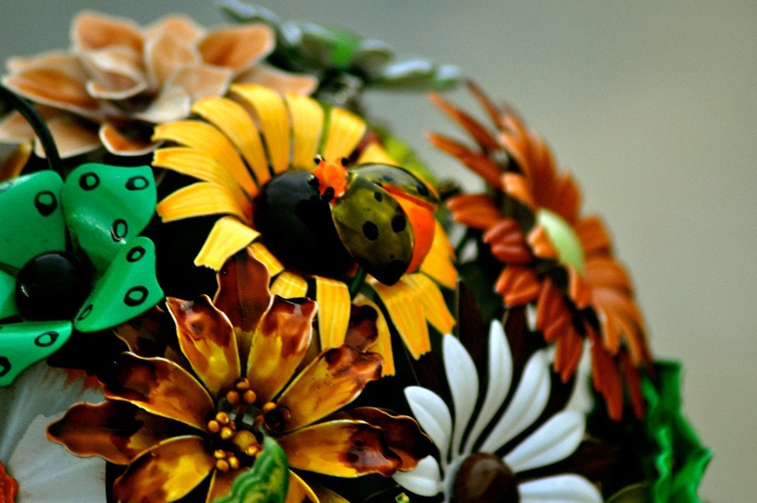 Brooch Bouquet - Vintage Brooches, Green, Yellow, Orange & Chocolate with Butterfly and Ladybug accent, wedding bouquet, bridal bouquet