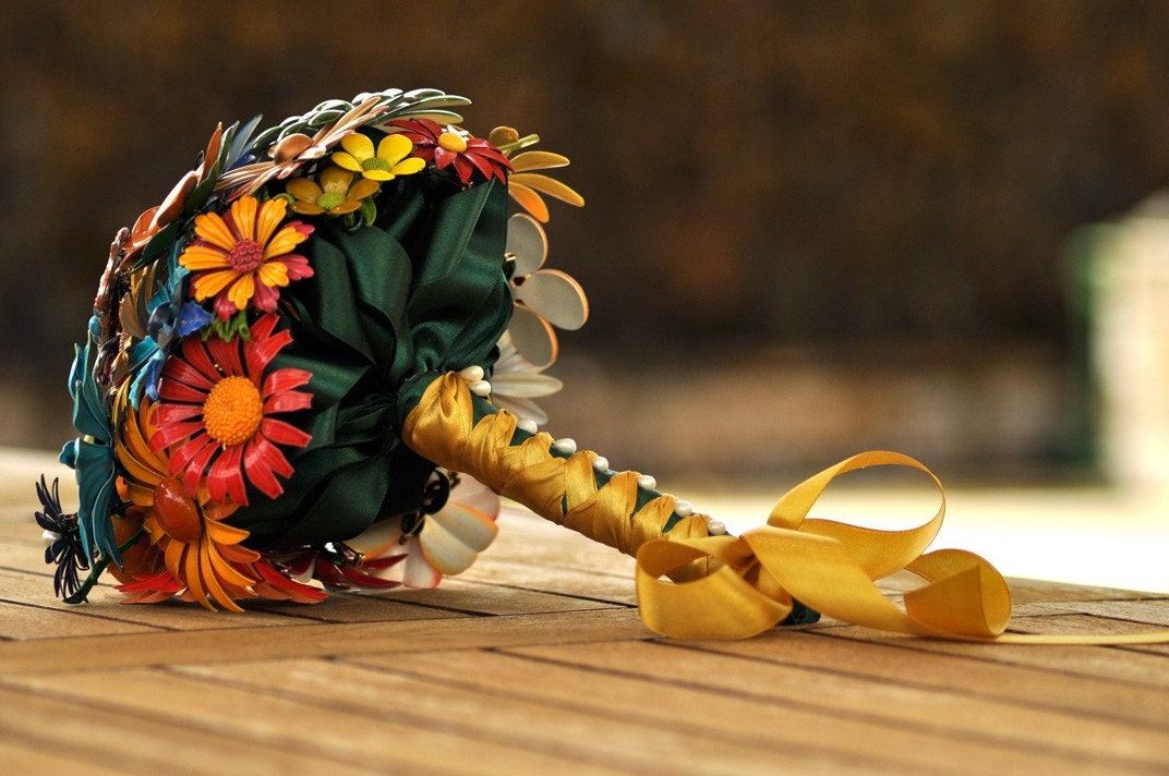 Brooch Bouquet - Vintage Country style brooches, Orange, Green, Yellow, Blue, Brown with a Gecko, bridal bouquet, wedding bouquet