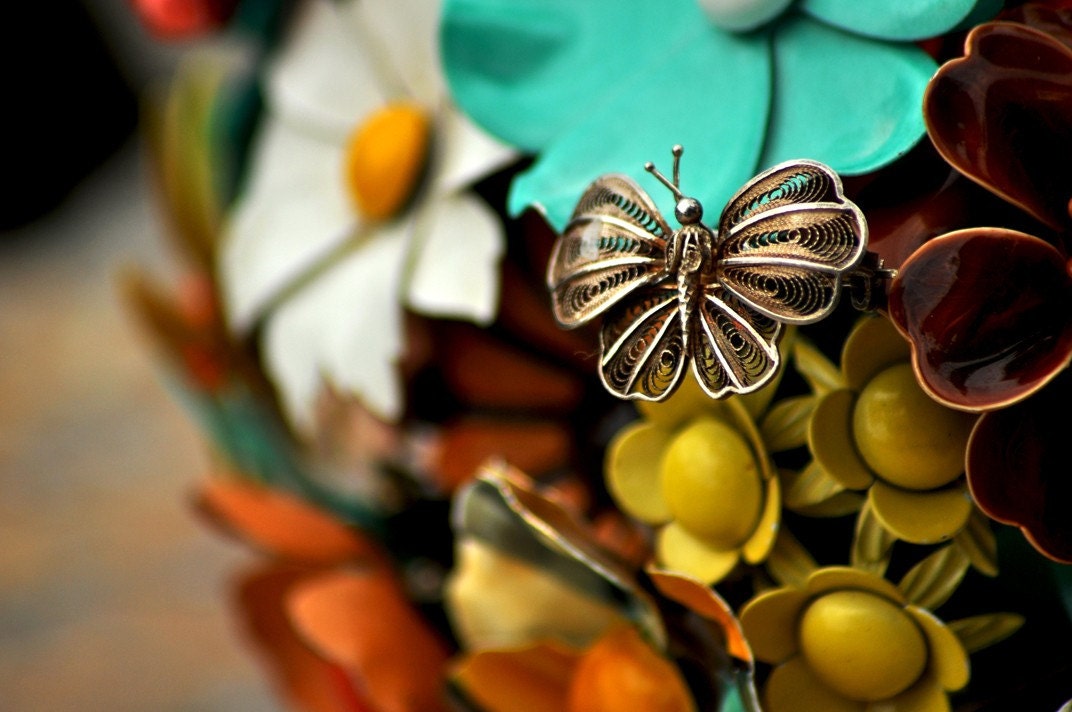 Wedding Brooch Bouquet - Soft Fall or Summer, teal, brown, yellow, orange, red, ivory, yellow, blue, silver, black with a butterfly