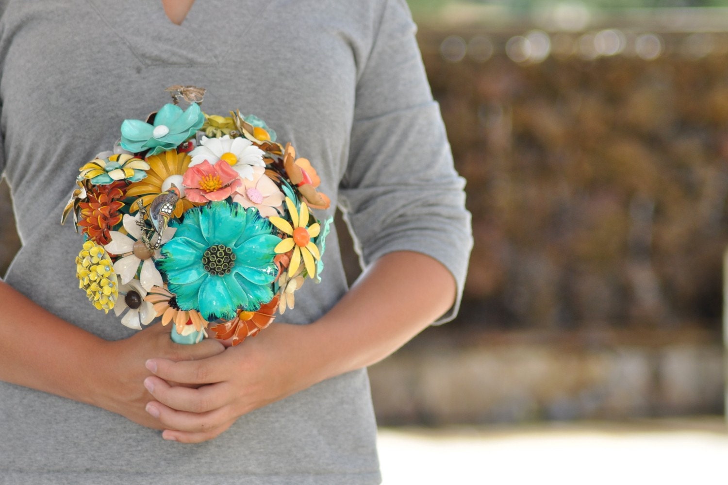 Wedding Brooch Bouquet - Soft Fall or Summer, teal, brown, yellow, orange, red, ivory, yellow, blue, silver, black with a butterfly
