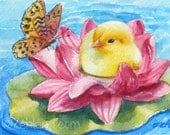 Fine Art Print  for Children Baby Chick Water Lily Butterfly Janet Zeh