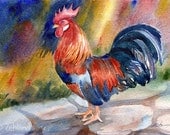 Rooster Print Watercolor Giclee Fine Art by Janet Zeh 5x7