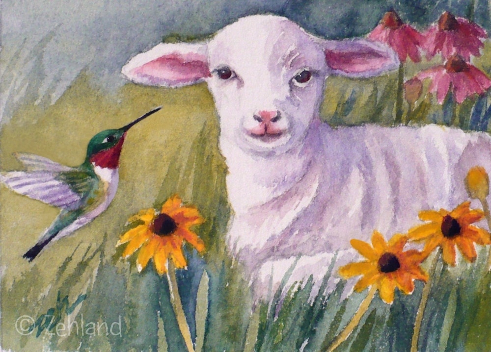 Lamb Hummingbird Print Watercolor Giclee Fine Art by Janet Zeh 5x7