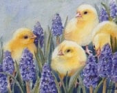 Baby Chicks Print Purple Hyacinth Flowers Watercolor Giclee Fine Art by Janet Zeh 5x7