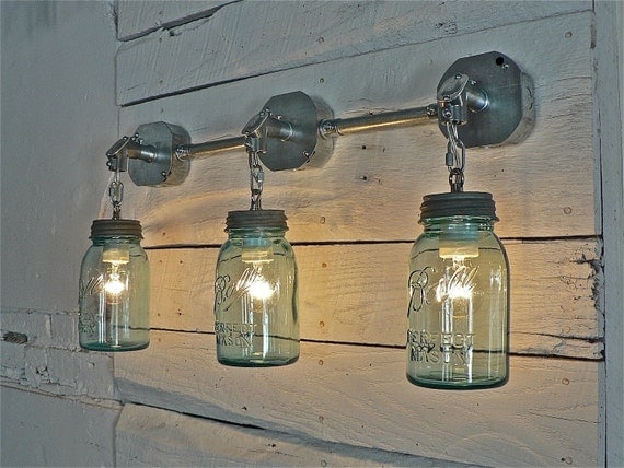 Handcrafted Blue Green Vintage Mason Three Jar Sconce Light