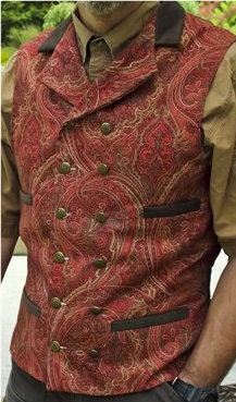 Wedding Groom Victorian Edwardian Western Cowboy Steampunk Linen Vest in Red Rust Gold - SatinShadowDesigns