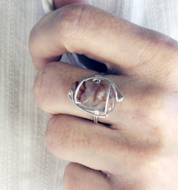 Agate Stone Wire Wrapped Ring Sterling Silver Handmade Jewelry Gift for Her Size 7