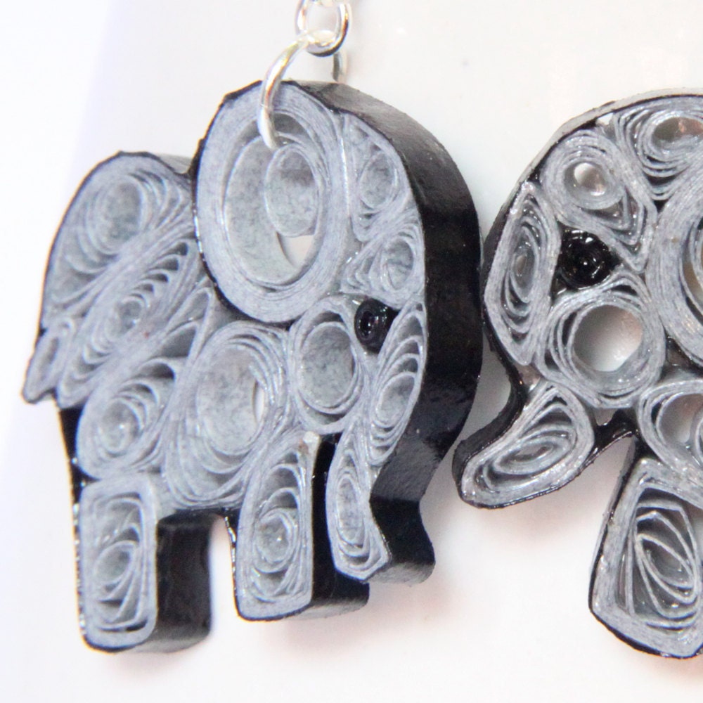 Elephant Earrings Eco Friendly Fashion Grey Handmade by Paper Quilling OOAK Artisan Jewelry with NIobium Earring Hooks