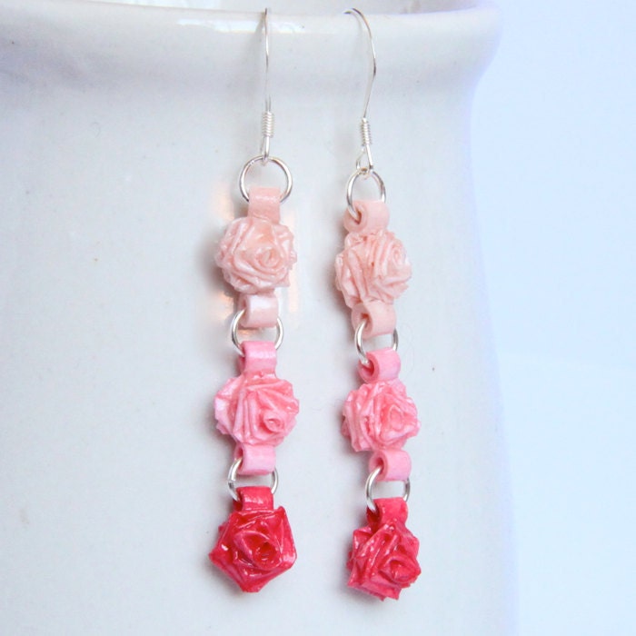 Tiny Pink Rose Chain Sterling Silver Earrings Handmade by Paper Quilling Eco Friendly Jewelry, Artisan Jewelry