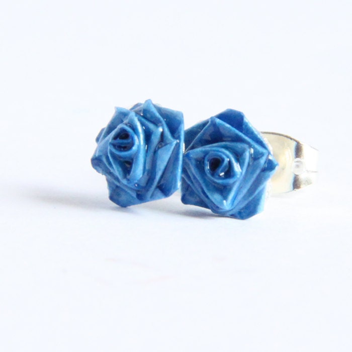 Blue Rose Earrings Handmade by Paper Quilling