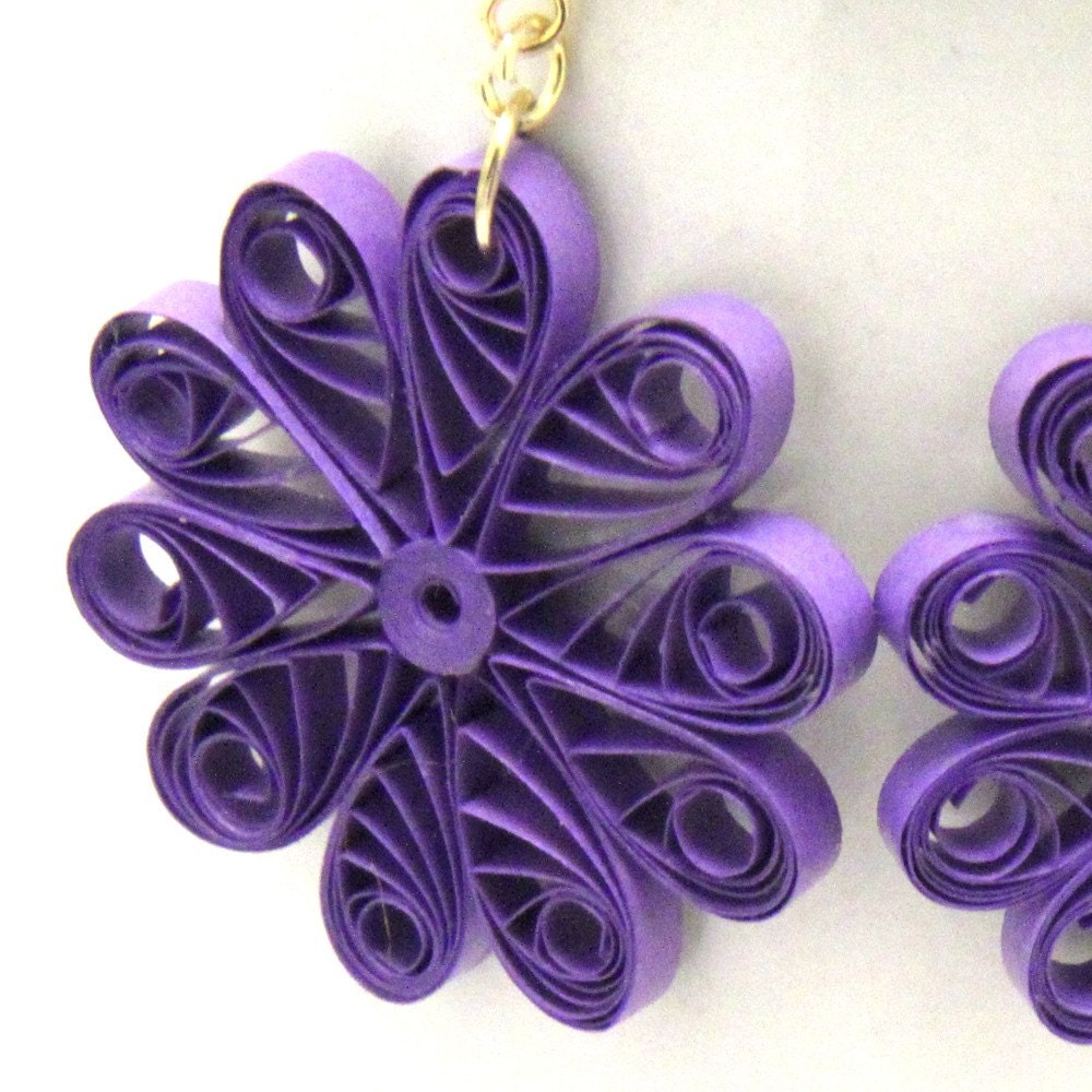 Large Purple Flower Earrings - Paper Quilled Unique Handmade Eco Friendly Jewelry, Artisan Jewelry