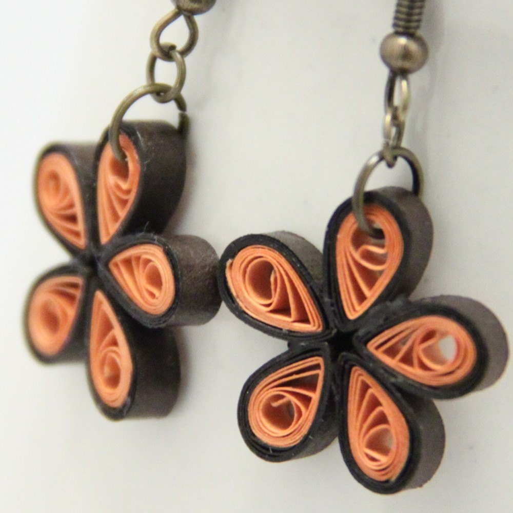 Eco Friendly Earrings Orange and Brown Flowers Paper Quilled Artisan Jewelry