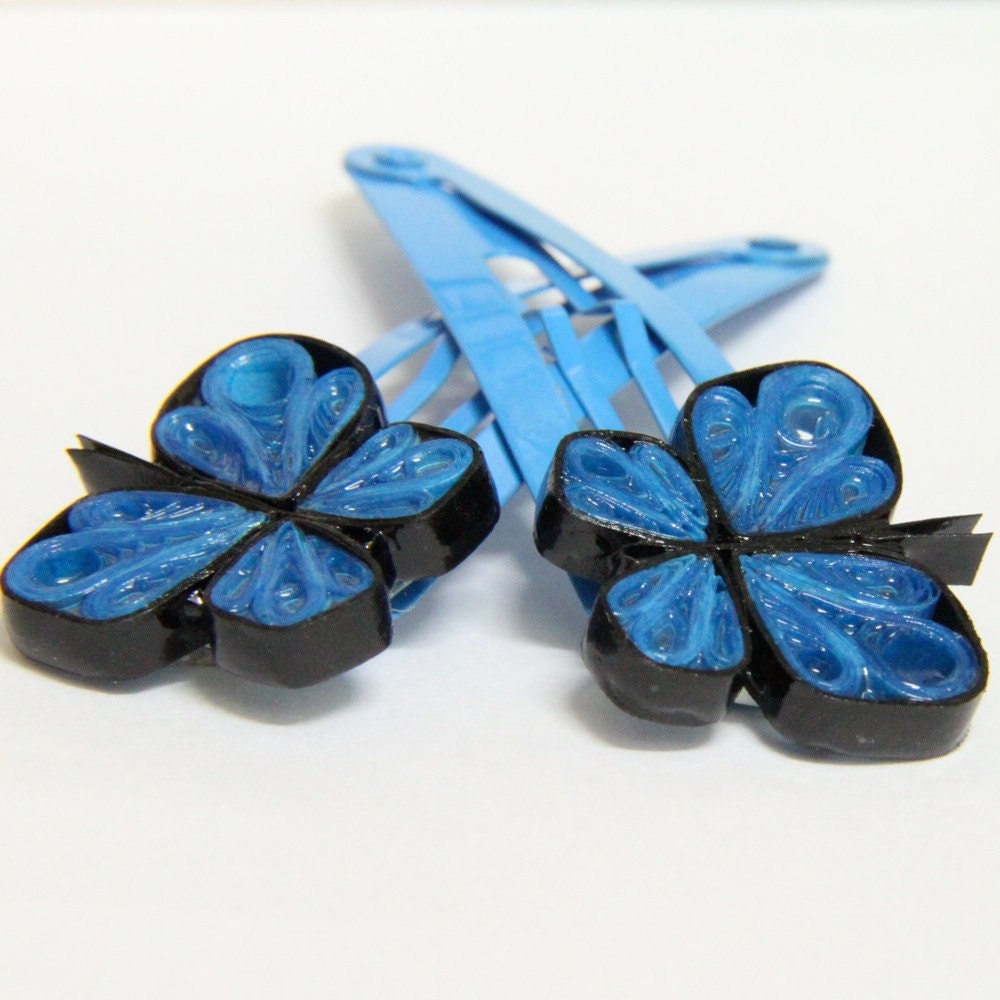 Blue Butterfly Hairclips - Handmade Paper Quilling Snap Hair Clips Eco Friendly Artisan Jewelry