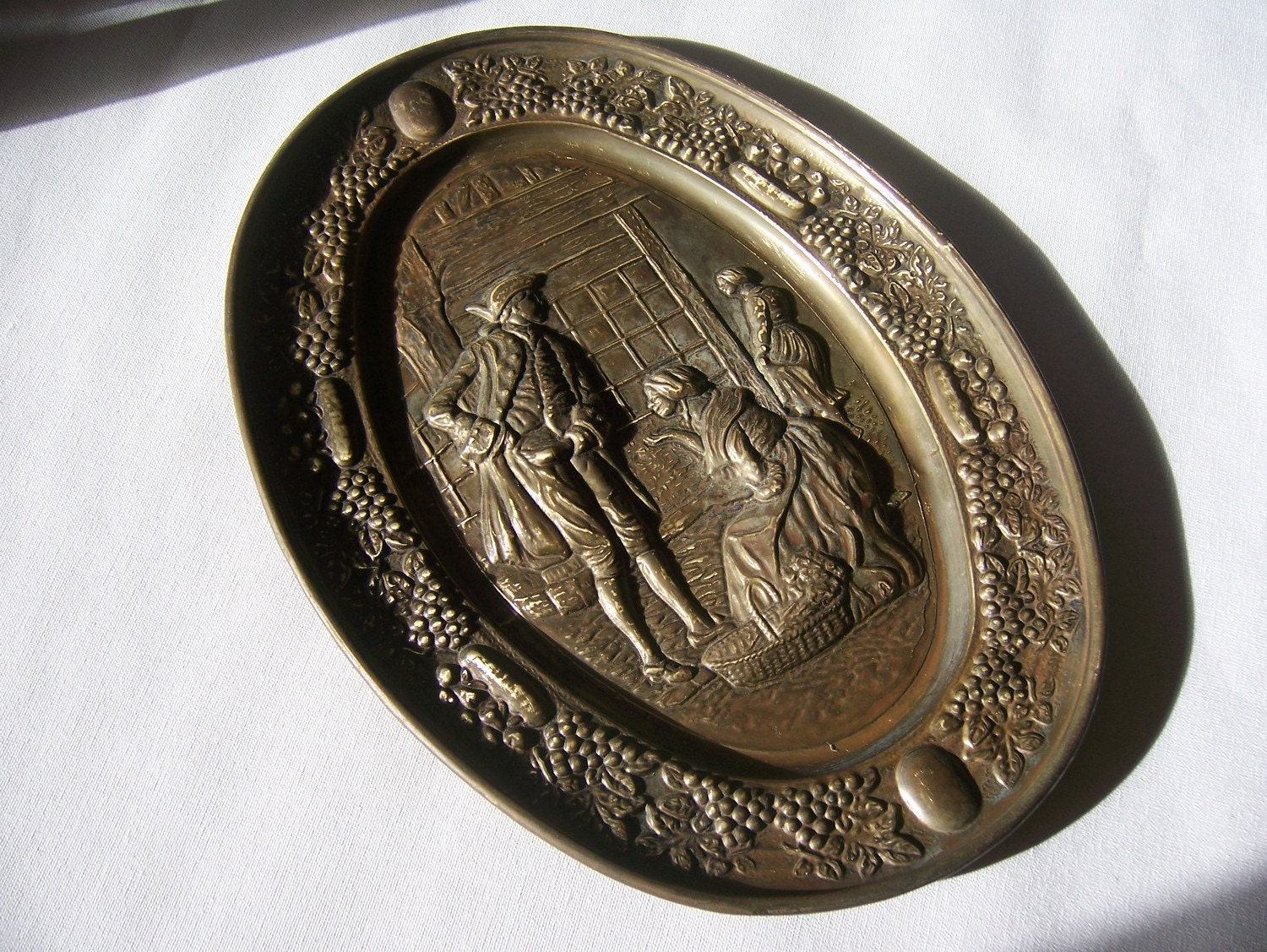 Brass wall hanging, embossed oval, romantic, historical, colonial, grapes, winery vintage home decor.