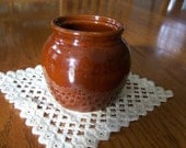 Vintage little brown pottery crock pot marked B on bottom. Home decor as vase, desk organizer, candle holder or gift container