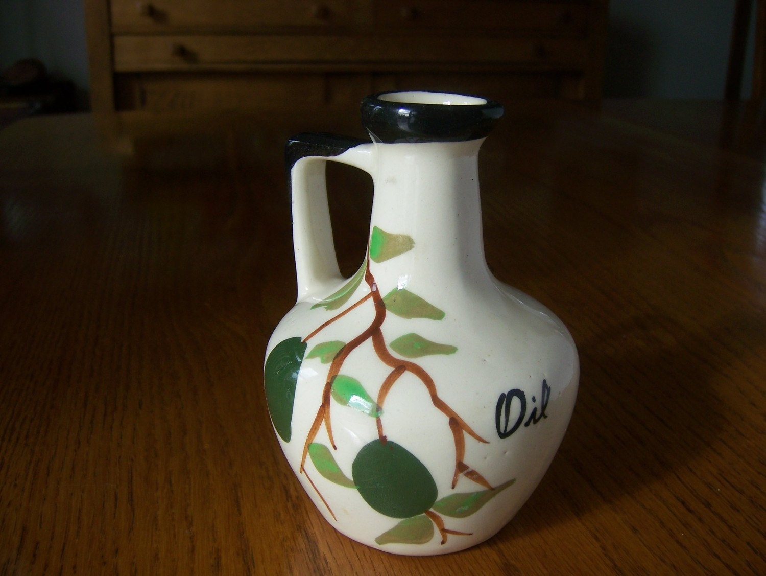 Vintage ceramic olive oil pitcher. Gift that says Olive You. Gift as a vase with a fresh flower.