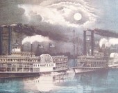 Full moon, river boat, blue, gray night scene picture. Framable Currier and Ives art print titled The Great Mississippi Steamboat Race.