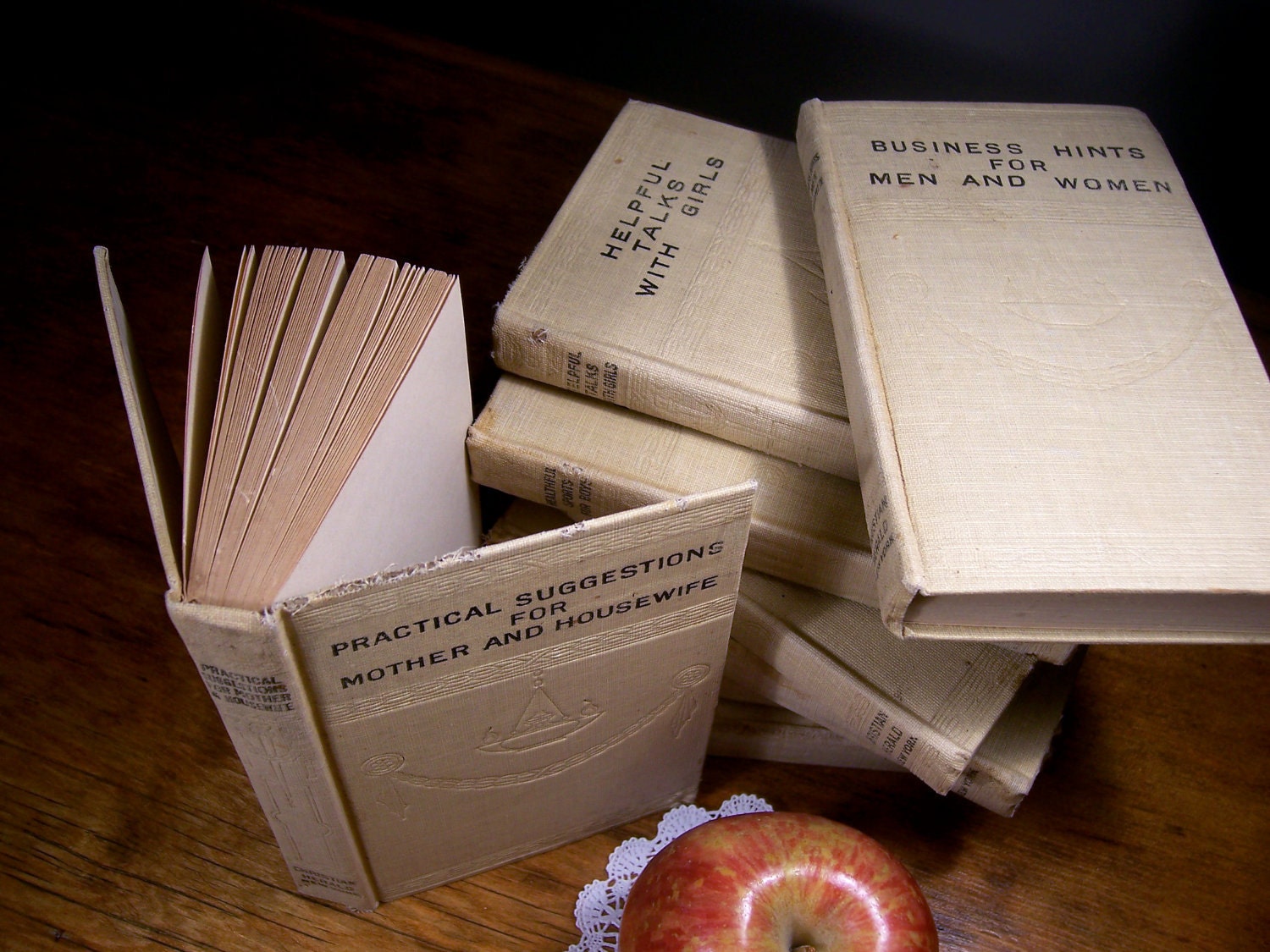 Vintage 8 volume book set from Christian Herald Bible House New York. Tips and information. Embossed cream with black title cover and spine.