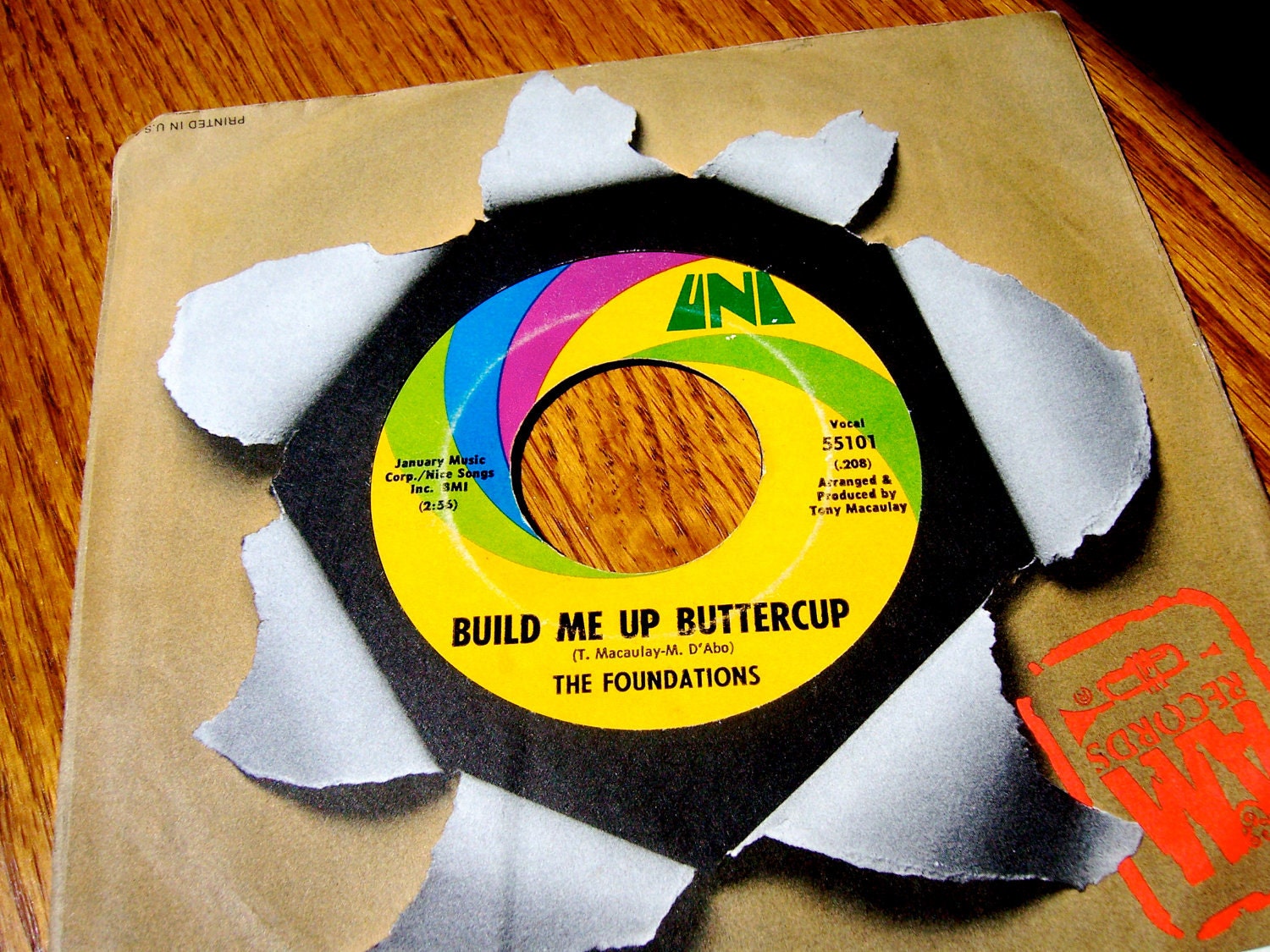 Vinyl 45 record. Artist-The Foundations. Build Me Up Buttercup/New Direction in paper sleeve. For retro pop rock fan or artists to upcycle.