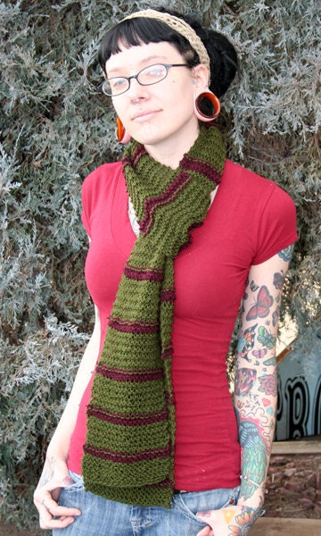 Green and Dark Purple Striped Knit Scarf