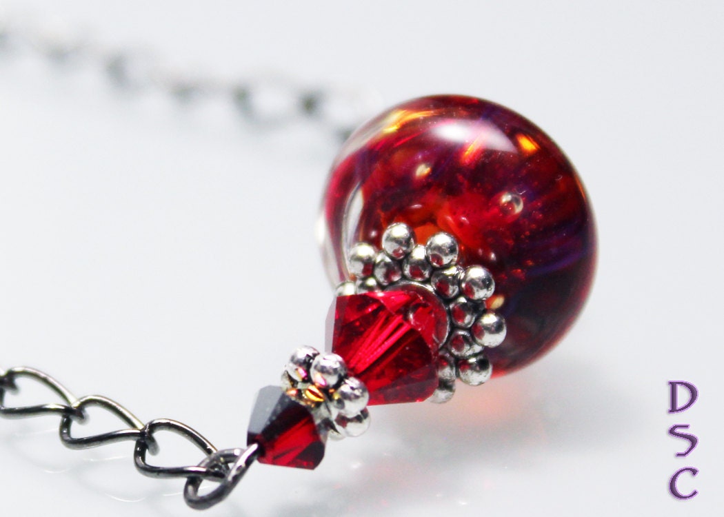 Blood Red Gunmetal Boro Glass and Chain Necklace