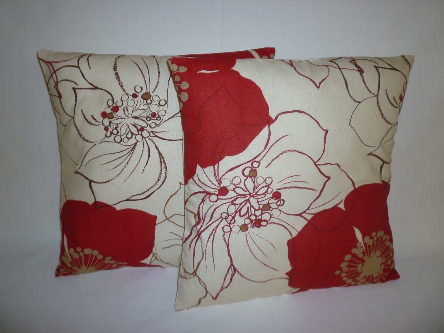 Funky Retro Floral Red, Brown Cream Designer Cushion Covers. Pillowcases, Shams, Slips  Pair 16" (40cm)