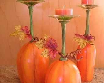 Pumpkin Patch Wine Glass Candle Holders Set of 3