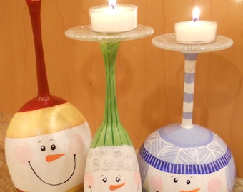 Wine Glass Snowmen Candle Holders Set of 3