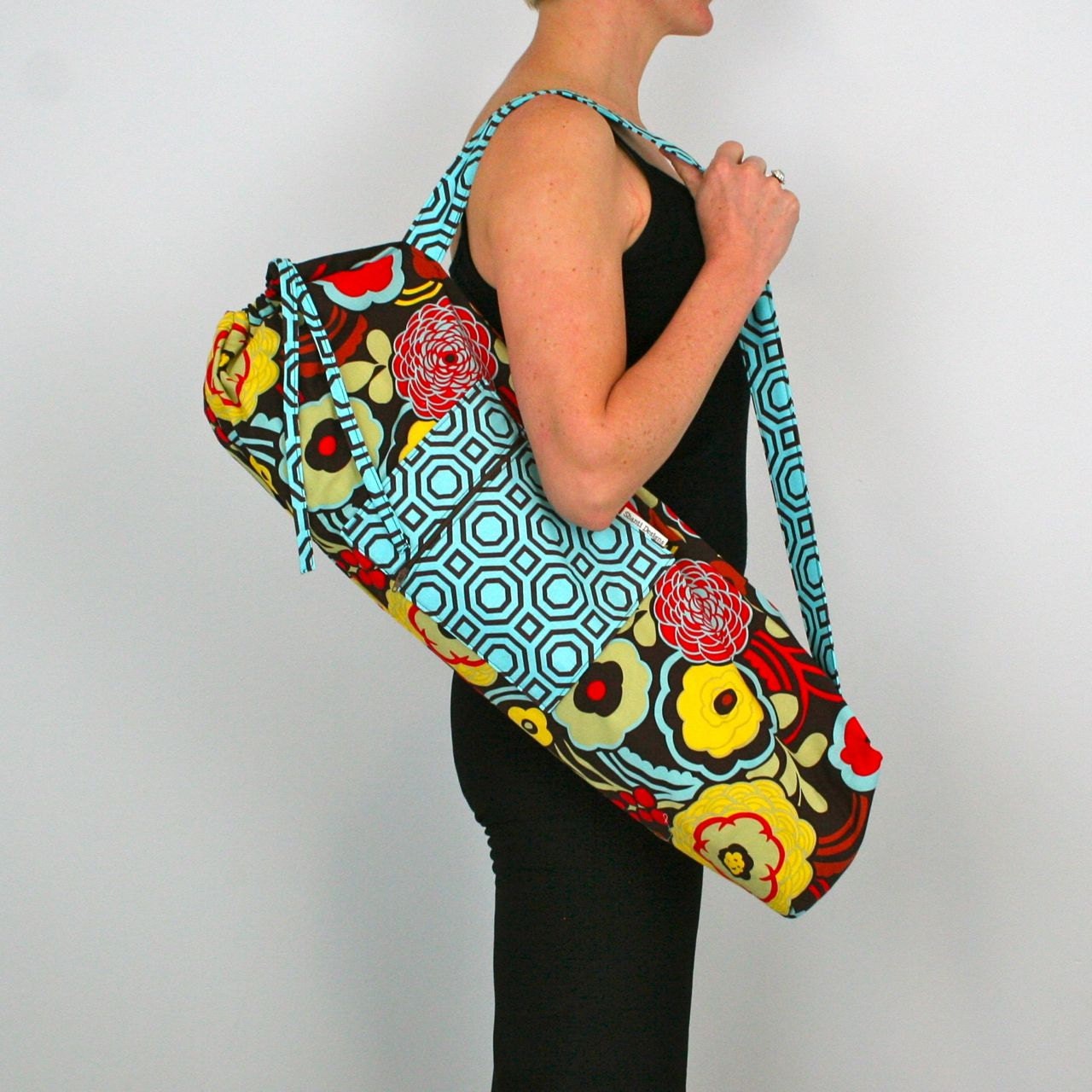 FREE SHIPPING- Modern Floral Yoga Mat Bag in Mocca and Red with a Zipper Pocket