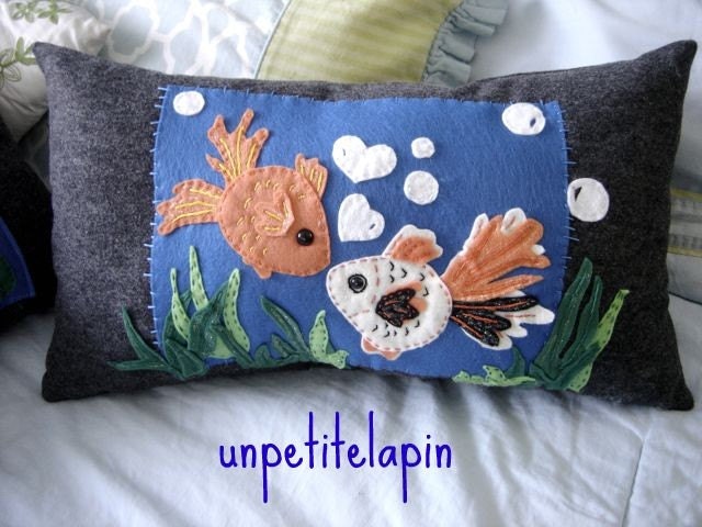 Large Fish Pillow   Fishy Kisses  Handmade Eco-friendly