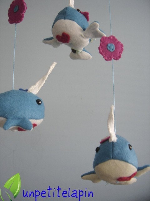 Baby Mobile Whimsical Narwhal Mobile Nursery Decor Ocean mobile Blue white